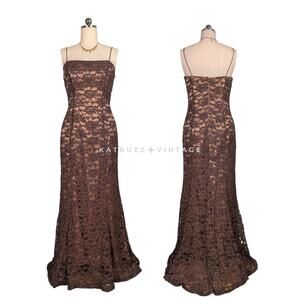 Vintage Prom Dress Maxi Gown 12 Brown 90S Y2K Lace Overlay Glam Slip Guest